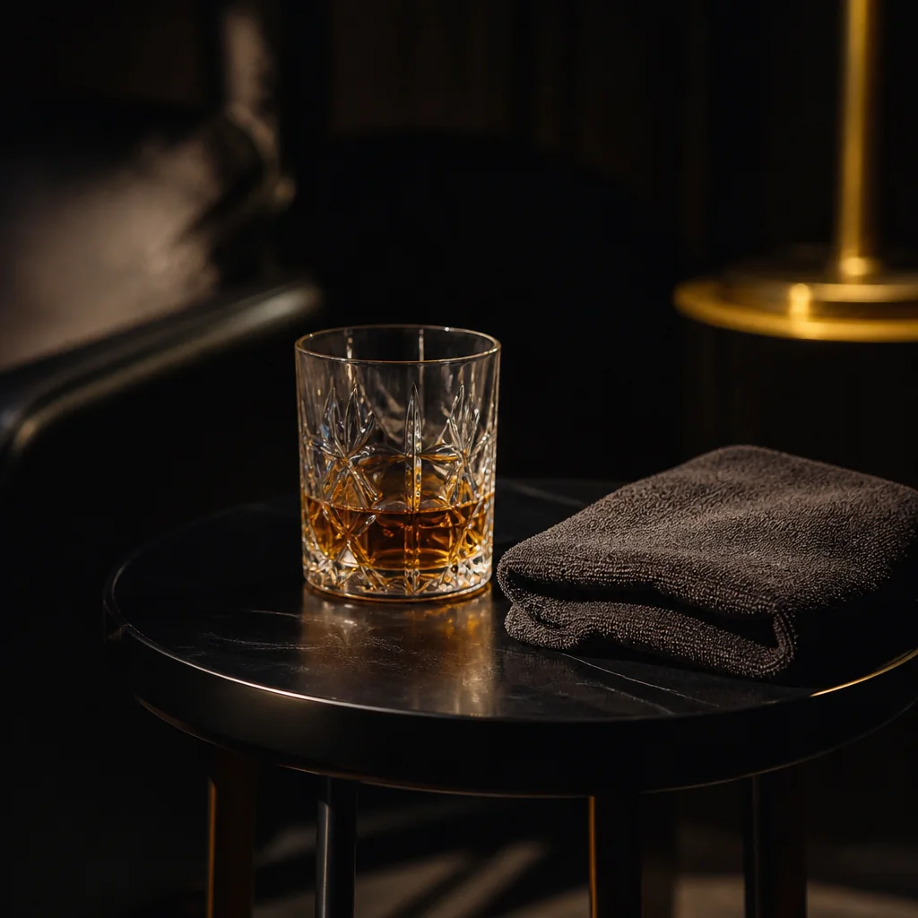Copa con bebida ámbar en una mesa oscura del club — Glass with amber drink on a dark club table