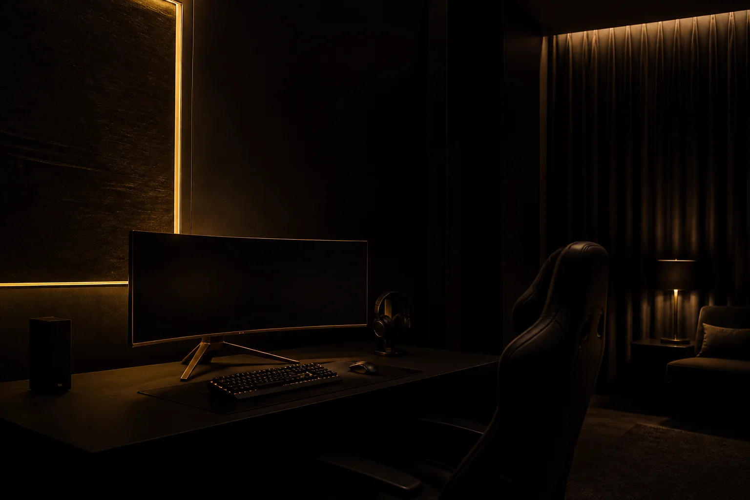 Sala de gaming premium en penumbra con luz dorada — Premium gaming lounge in low light with golden glow