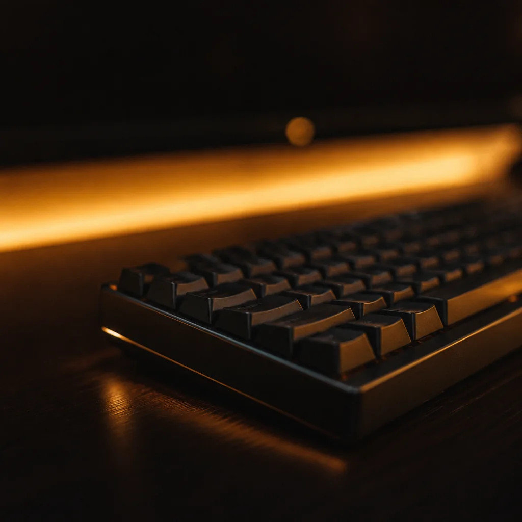 Teclado mecánico con retroiluminación cálida sobre escritorio oscuro — Mechanical keyboard with warm backlight on a dark desk