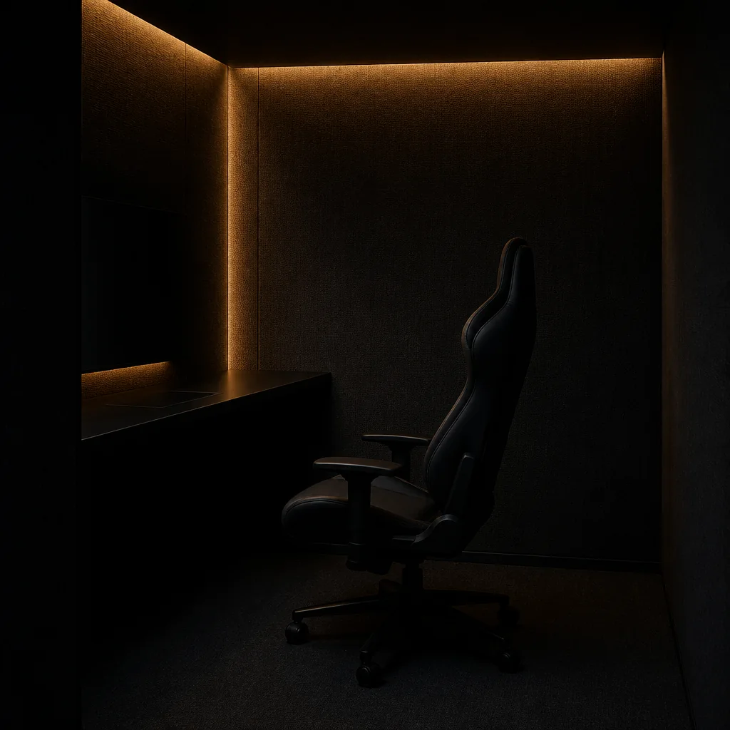 Interior de una cabina VIP privada con luz dorada tenue — Interior of a private VIP booth with soft golden light